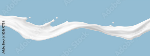 Realistic milk splash wave on blue background. Vector dairy concept