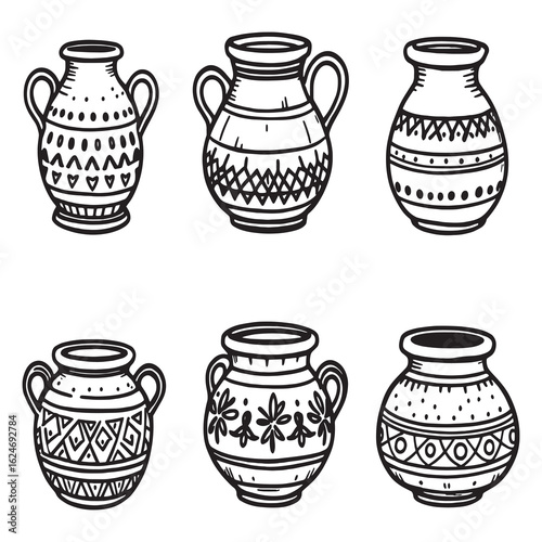 Set of terracotta garden pots in simple outline art.eps