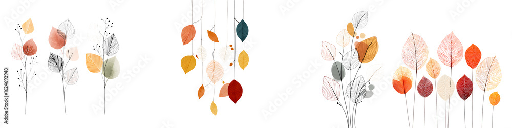 Obraz premium Abstract Fall Leaves Collection on White Background - Watercolor Illustration