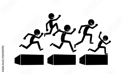 Multiple stick figures simultaneously jumping over hurdles in a race, illustrating competition and shared progress