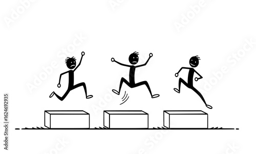 Stick figures leaping over obstacles in a race isolated on white background