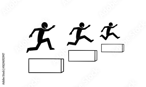 Three stick figures jumping over hurdles in a race isolated on white background