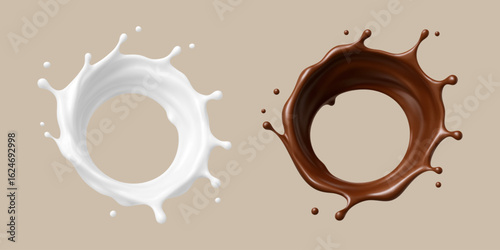 Milk and chocolate splashes. Milkshake and melted choco. Realistic vector illustration