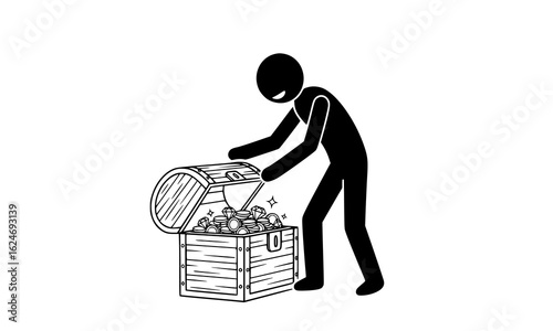 Stick figure person taking money from a treasure chest, isolated on white background