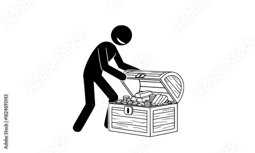 Stick figure person reaching into an open treasure chest full of money, isolated on white background