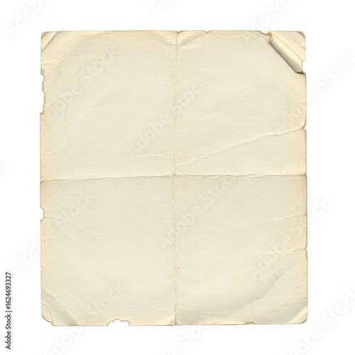 Old, blank, light cream rectangular paper with a frayed left edge, prominent creases, bent corner, discolorations, and specks, isolated on a transparent background with copy space, vintage aesthetic