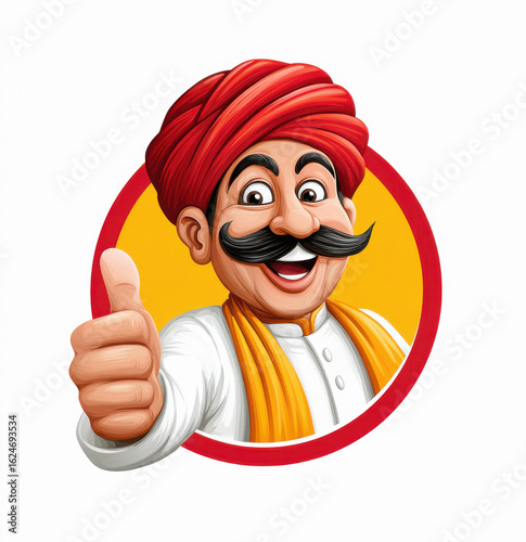 logo for an Indian restaurant featuring a shallow red rectangular banner with a cartoon mascot