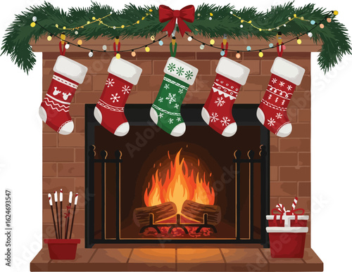 Cozy Christmas fireplace illustration with stockings, garland, and presents for festive holiday cheer and decoration