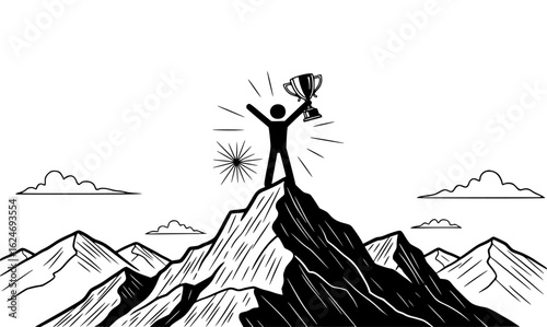Figure with trophy on mountain top, arms raised in victory against a backdrop of clouds and sun