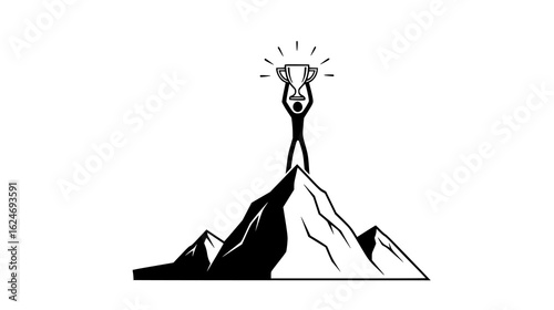 Silhouette of a person holding a trophy at the peak of a mountain, isolated on white background