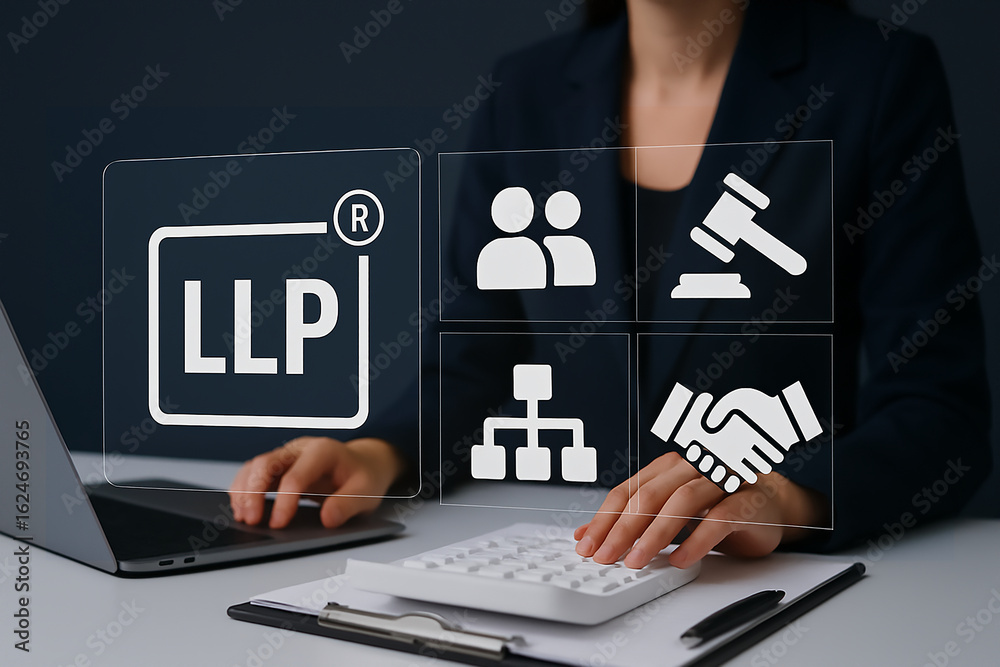 LLP System, A professional woman in a suit works at a desk with a laptop, surrounded by icons representing law firm services, including partnership, collaboration, and legal representation LLP System, A professional woman in a suit works at a desk with a laptop, surrounded by icons representing law firm services, including partnership, collaboration, and legal representation