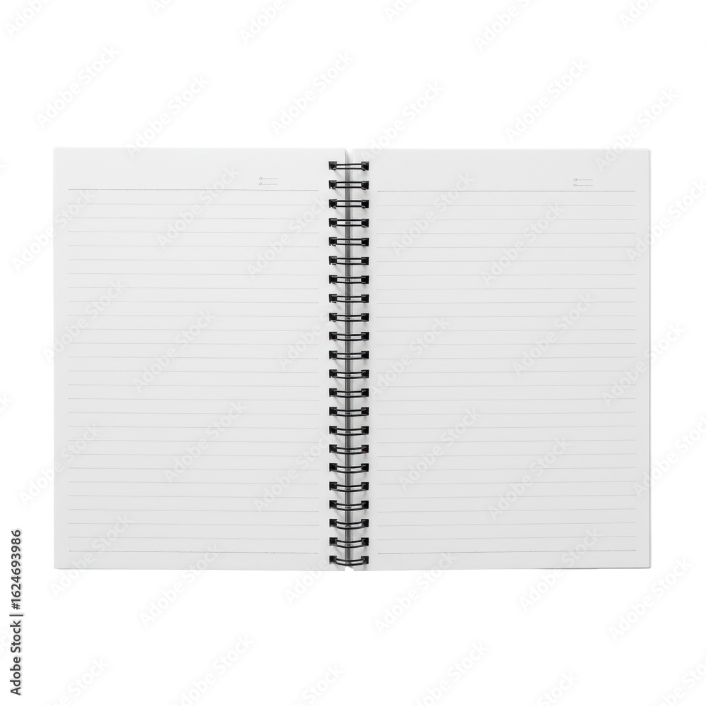 Open spiral-bound notebook with pristine blank ruled white pages, white covers, and black coil binding, captured from a top-down view on a seamless transparent background with no shadows, ideal Open spiral-bound notebook with pristine blank ruled white pages, white covers, and black coil binding, captured from a top-down view on a seamless transparent background with no shadows, ideal