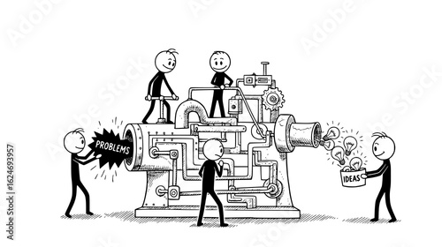 Team working on a machine to transform problems into innovative ideas