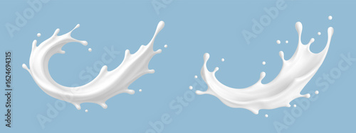 Realistic milk splash waves on blue background. Vector dairy concept