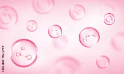 Molecule inside bubble on pink background. Cosmetic moisturizer water molecule. Concept skin care cosmetics solution. Vector illustration
