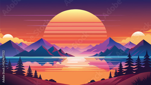 Warm sun descends or ascends over mountain landscapes, painting the sky with orange and red hues, creating stunning nature travel silhouettes