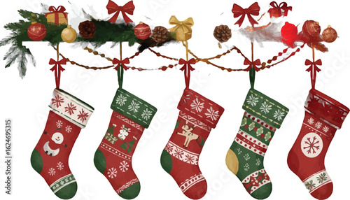Festive Christmas Stockings Hanging from a Garland with Ornaments and Bows, Watercolor Style Illustration, Holiday Season Decoration