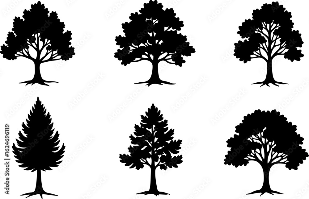 Fototapeta premium Majestic Tree Silhouette Collection – 7 Elegant Nature Designs vector bundle