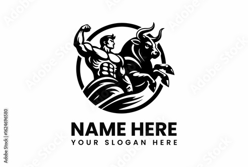 Muscular Man and Rearing Bull Silhouette Logo Design in Bold Black.