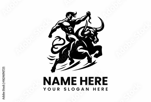 Striking dynamic black and white illustration of a courageous man riding a formidable charging bull for sport