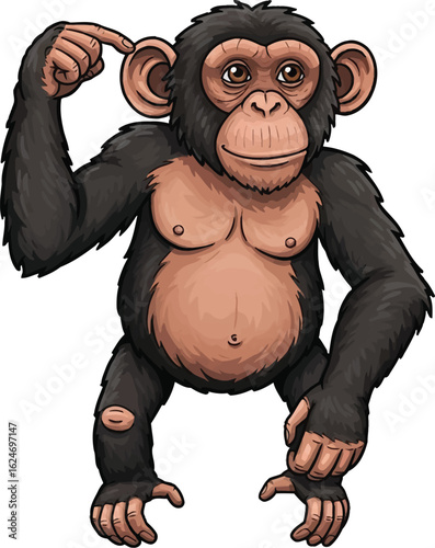 Cartoon chimpanzee stands pondering, pointing to its ear, depicted in a vector illustration with detailed shading and engaging expression