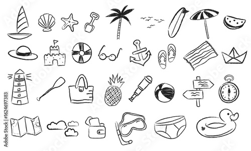 Hand-drawn summer beach icons in black and white doodle style vector for web use