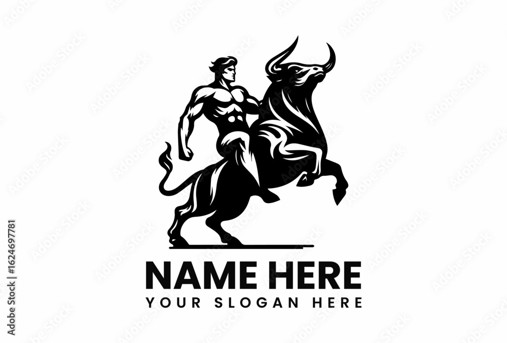 Fototapeta premium Muscular Man Riding a Rearing Bull in Striking Black and White Silhouette.