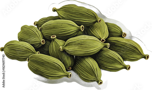 Pile of fresh green cardamom pods with detailed texture and natural form, showcasing spice ingredient for culinary use and aromatic qualities