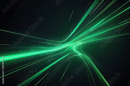 Abstract Futuristic Neon Light Path. Green Glowing Speed Lines On Dark Background. Digital Technology Effect. High-Speed Energy Flow. Cyber-Inspired Design. Vector Illustration. PNG.
