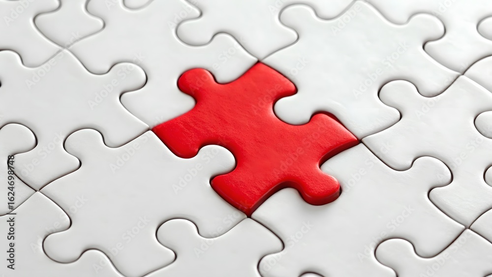 Vibrant red puzzle piece stands out on white puzzle pieces Vibrant red puzzle piece stands out on white puzzle pieces