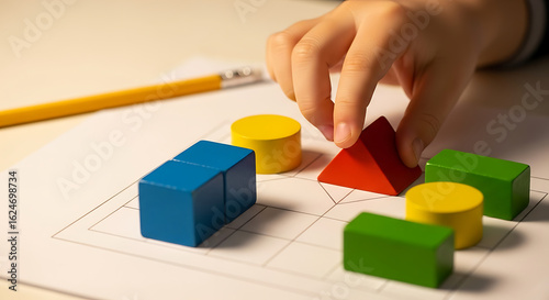 A child's hand arranges colorful geometric wooden blocks on a paper with a grid pattern.