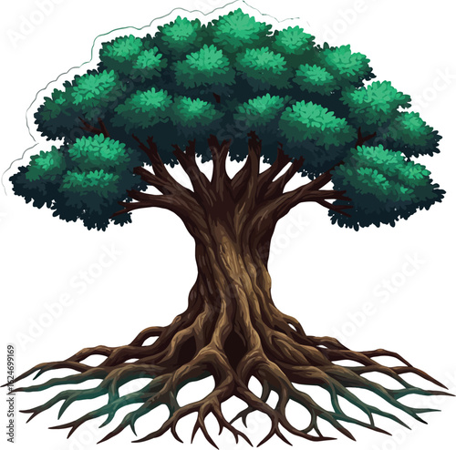 Detailed vector illustration showcases a large, ancient tree with a wide canopy, intricate root system, and textured bark against a white background