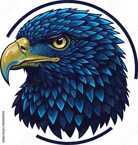 Majestic eagle portrait with striking blue plumage and sharp golden beak in vector illustration style, encircled by a modern geometric frame