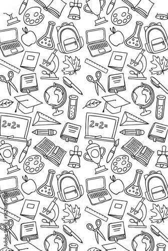 Coloring Book Kids Back to school seamless pattern featuring education icons like books, laptops, and globes in a hand-drawn style for creative projects and backgrounds.