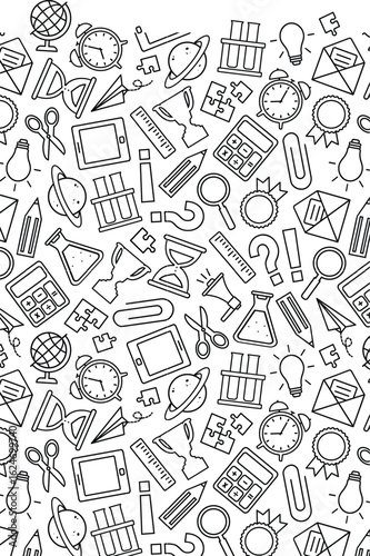 Coloring Book Kids Back to school seamless pattern illustration featuring education elements like globe, calculator, tablet, pencil and stationery items