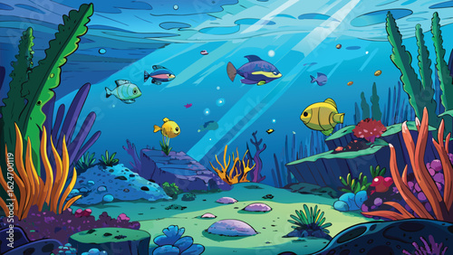 Vibrant tropical fish and diverse marine life populate a serene underwater world, beautifully illustrated with coral reefs and shimmering blue waters