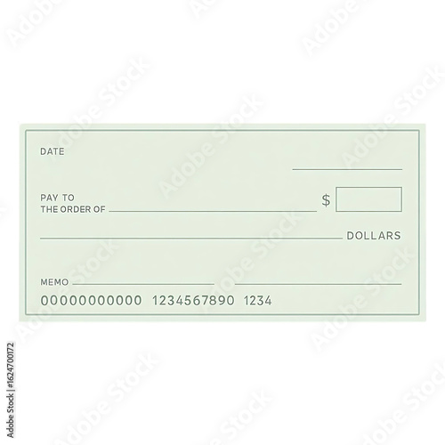pastel green minimalistic blank cheque on wooden surface, isolated transparent image