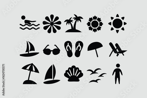 Hand-drawn doodle beach and surf icon vector set with tropical elements like palm trees, waves, surfboards, and sun. Perfect for summer designs, t-shirts, posters, and coastal design.