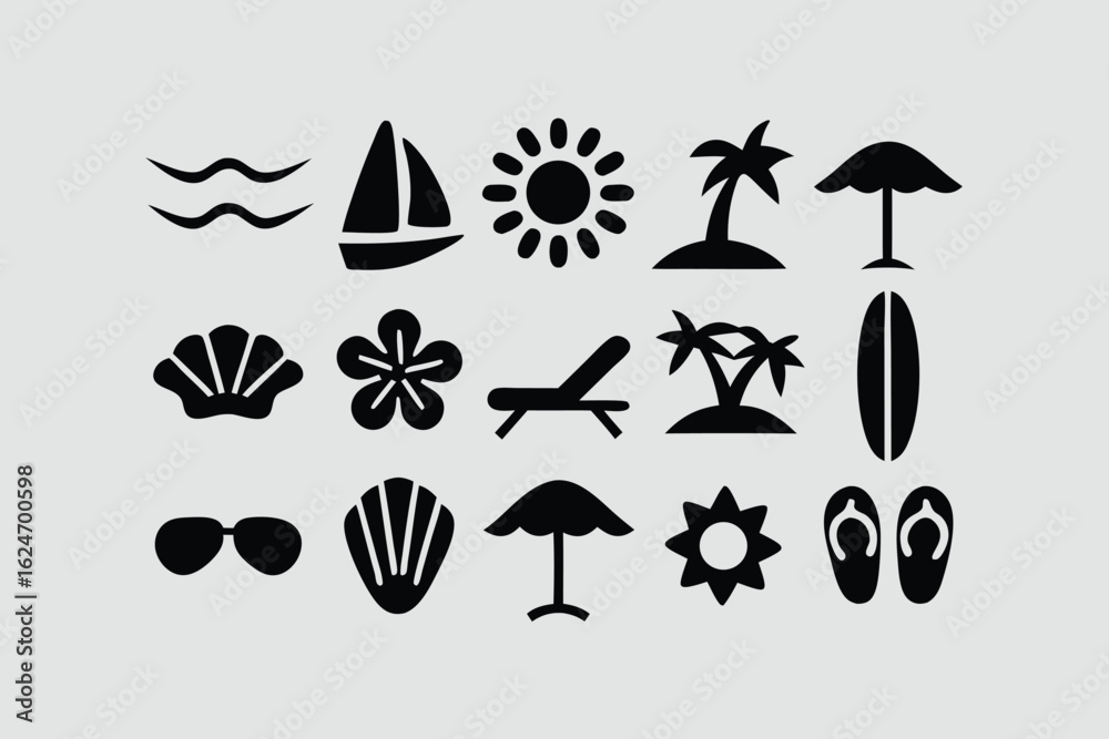Fototapeta premium Hand-drawn doodle beach and surf icon vector set with tropical elements like palm trees, waves, surfboards, and sun. Perfect for summer designs, t-shirts, posters, and coastal design.
