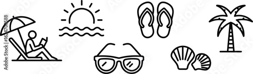 Beach Line Icons Seascape, Sun, Sea, Flip Flops, Sunglasses, Shells, Palm Tree