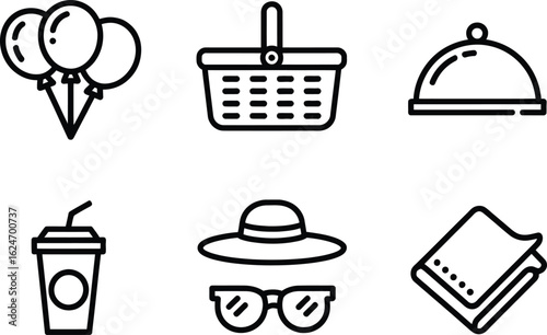 Black Iconography of Party Balloons, Wicker Basket, Served Dish, Drink, Hat, Napkin