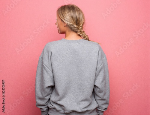 Gray sweatshirt on a person with braided hair against a pink background.