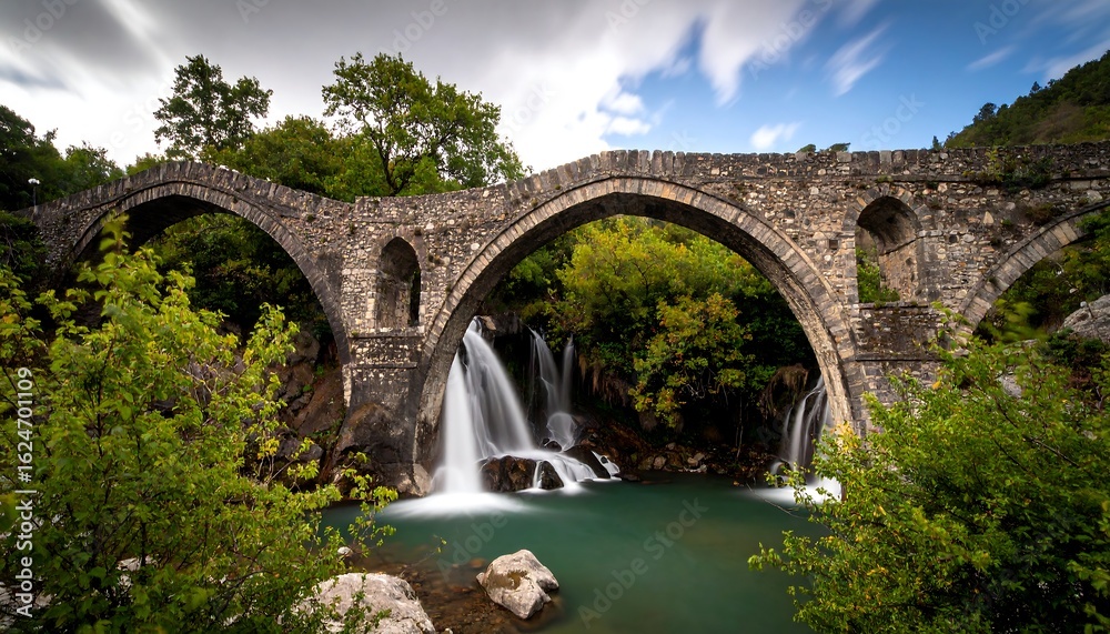 Fototapeta premium Ancient stone bridge over a cascading waterfall