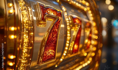 Gold casino slot machine with number 7s, representing the excitement and chance associated with gambling and casinos, Generative AI