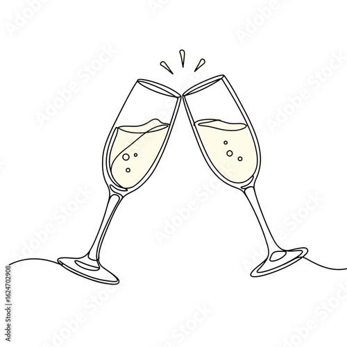 Line art vector illustration of two champagne glasses clinking, visible muted yellow colored drink inside. Celebration, happy events and anniversaries concept. Toasting at parties