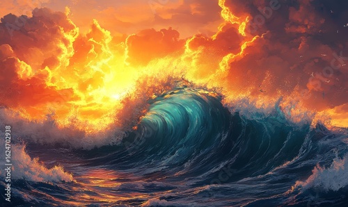 Illustration of a big tsunami ocean wave caused by earthquakes or undersea volcanic eruptions, representing the destructive power of natural disasters, Generative AI