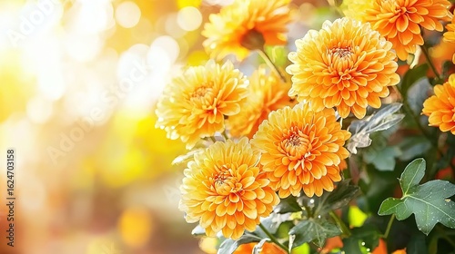Macro Close-up of Yellow Chrysanthemum Petals with Dewdrops, Sun Rays Through Leaves Golden Hour Soft Focus Shallow Depth
