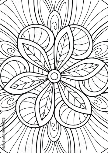 Coloring Book Kids Intricate floral pattern with swirling lines, detailed petals, and a central circle, perfect for coloring pages and creative designs, ideal for artists