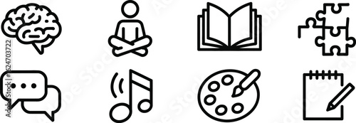 Creative Skills Icons Set with Brain, Meditation, Puzzle, Art and Communication