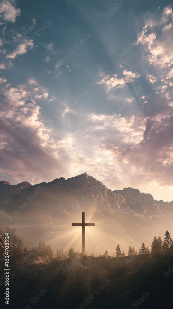 Obraz premium wooden cross floats majestically above the soft with a midpoint